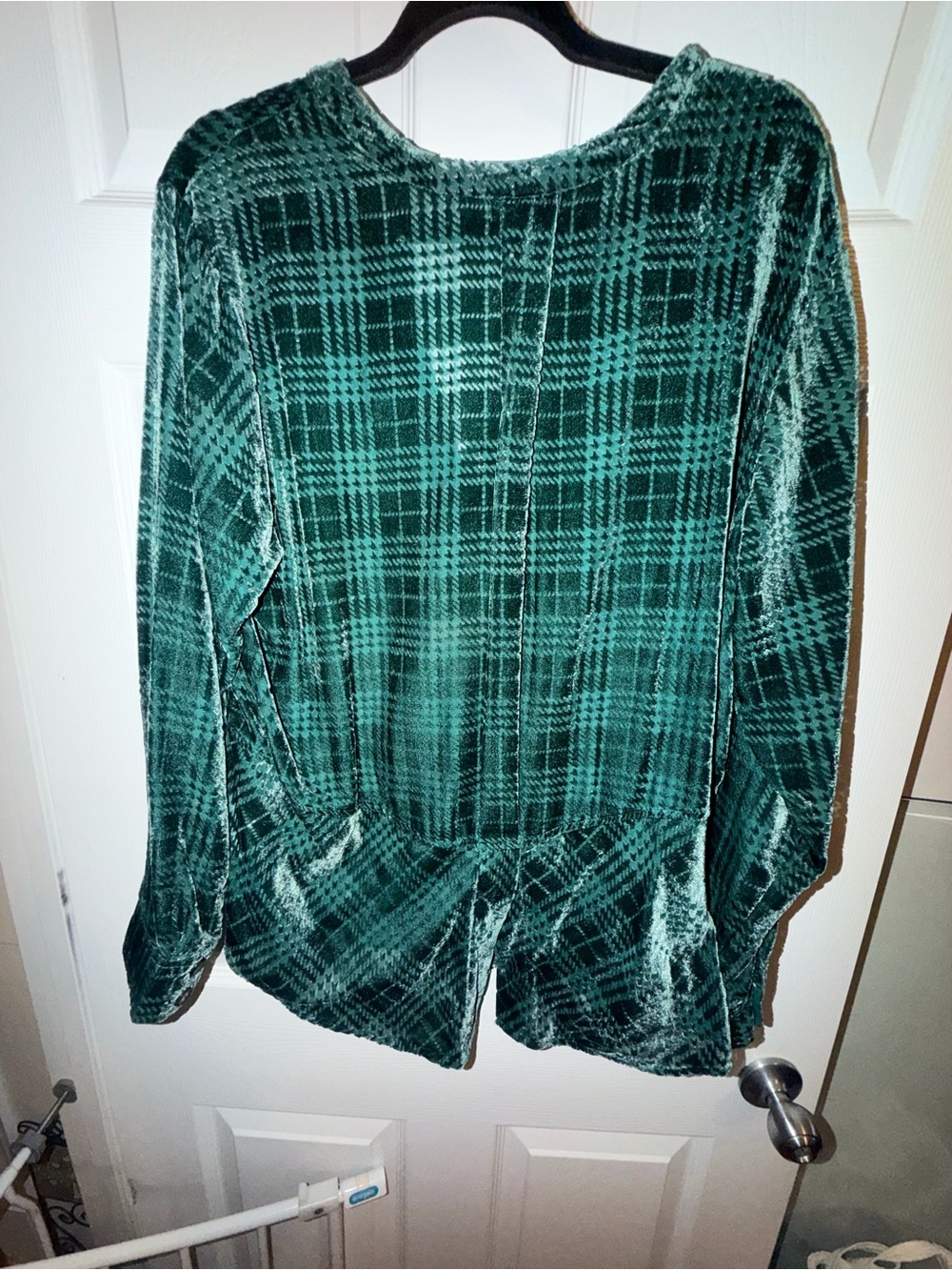 Democracy Womens XL Dark Green Plaid Velvet Burnout Button Front Shirt Blouse - Picture 2 of 4